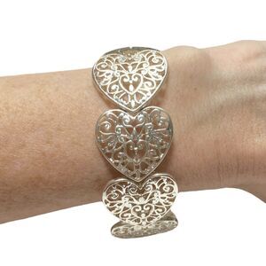 Silver Tone Scrollwork Hearts Bracelet Stretch Panel Openwork Charms Jewelry